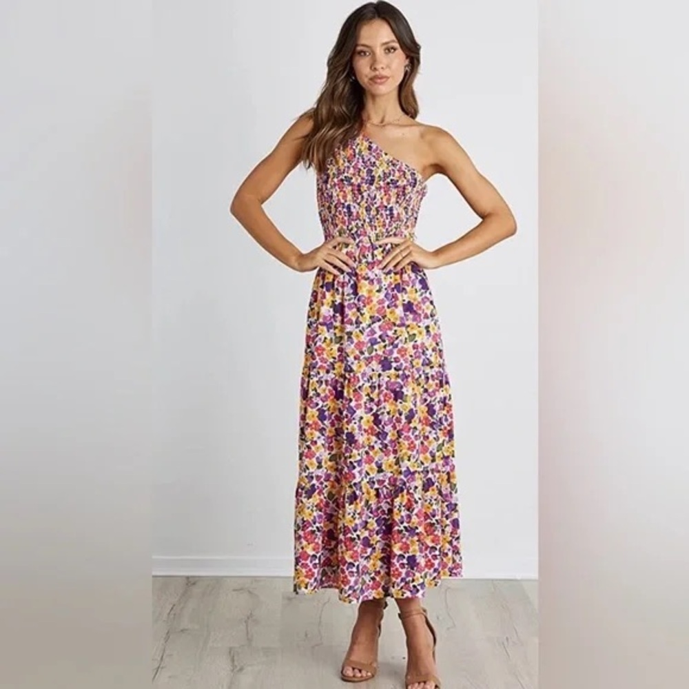 Floral One-Shoulder Summer Casual Sleveless Multi-Colored Maxi Midi Flowy Dress